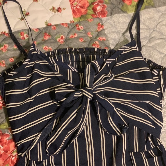 Jumpsuit Navy and White Stripes Bow Pants Straps - Picture 6 of 7
